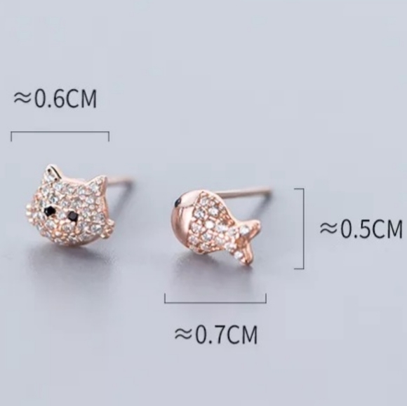 😻Cat Fish Mismatched Set Pair Rose Gold Sterling Silver Cubic Zirconia Pave Stu - Picture 5 of 5